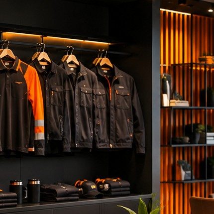 Black and orange workwear jackets hanging on a rack