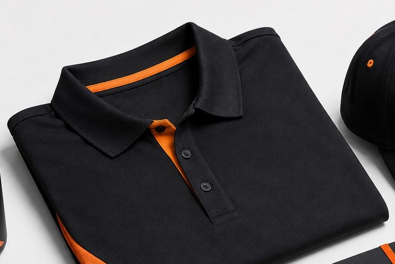 Folded black polo shirt with orange collar trim