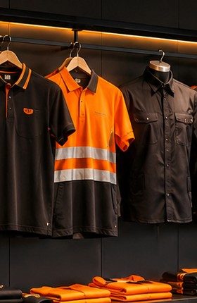 High-visibility orange safety shirt with reflective stripes on a hanger