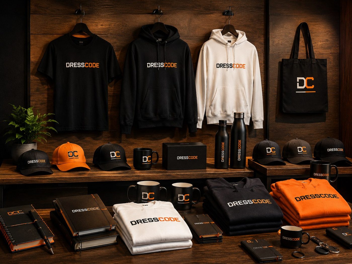 Dresscode merchandise display with hoodies, caps, mugs and notebooks