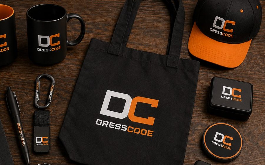 Branded promotional items with tote bag, mugs and pens