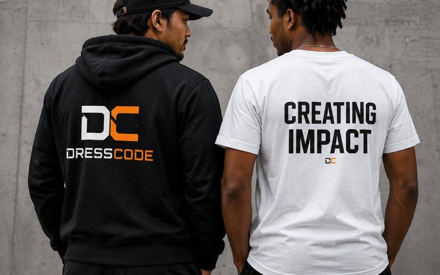 Two people wearing Dresscode streetwear hoodie and t-shirt