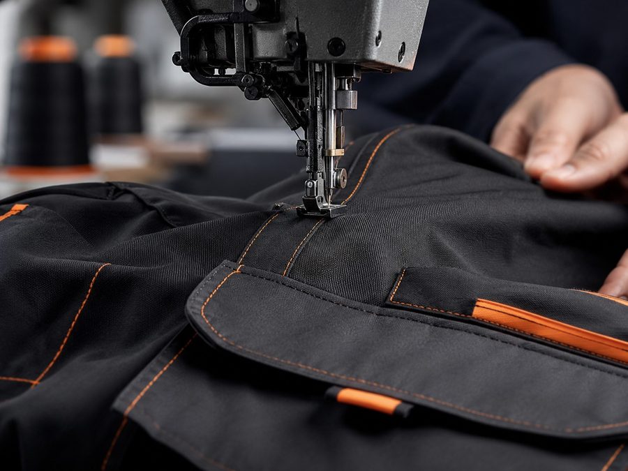 Close-up of precision embroidery stitching in orange thread on black fabric