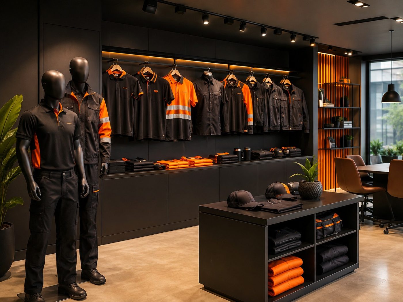 DRESSCODE showroom with mannequins and racks of black and orange corporate uniforms and workwear