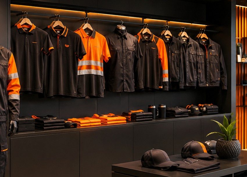 Rack of black and orange industrial workwear and safety uniforms