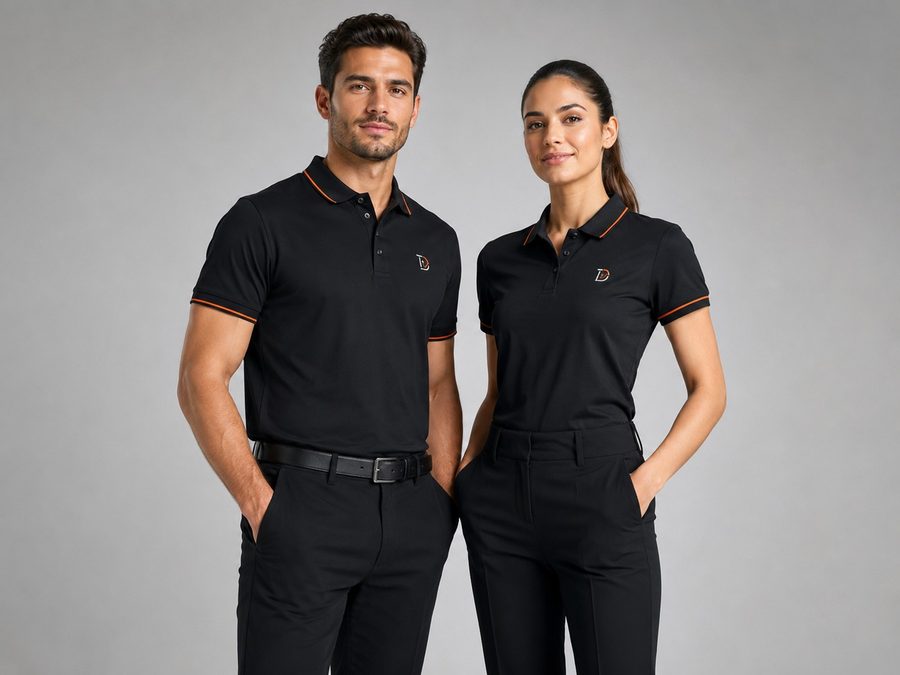 Man and woman wearing smart black DRESSCODE office polos with orange trim