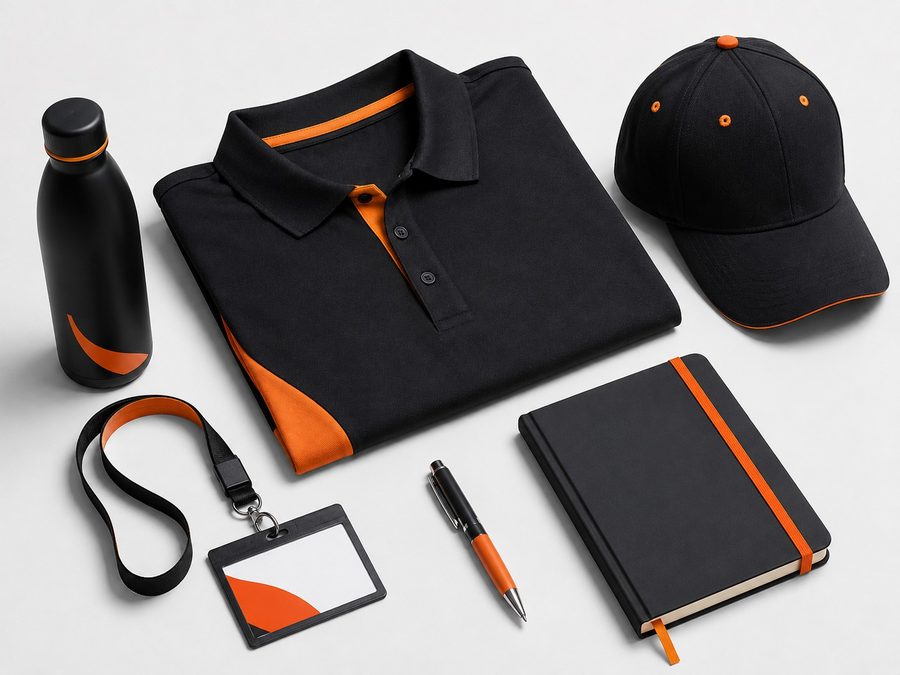 Black and orange promotional staff apparel set with polo, cap, bottle, notebook and lanyard